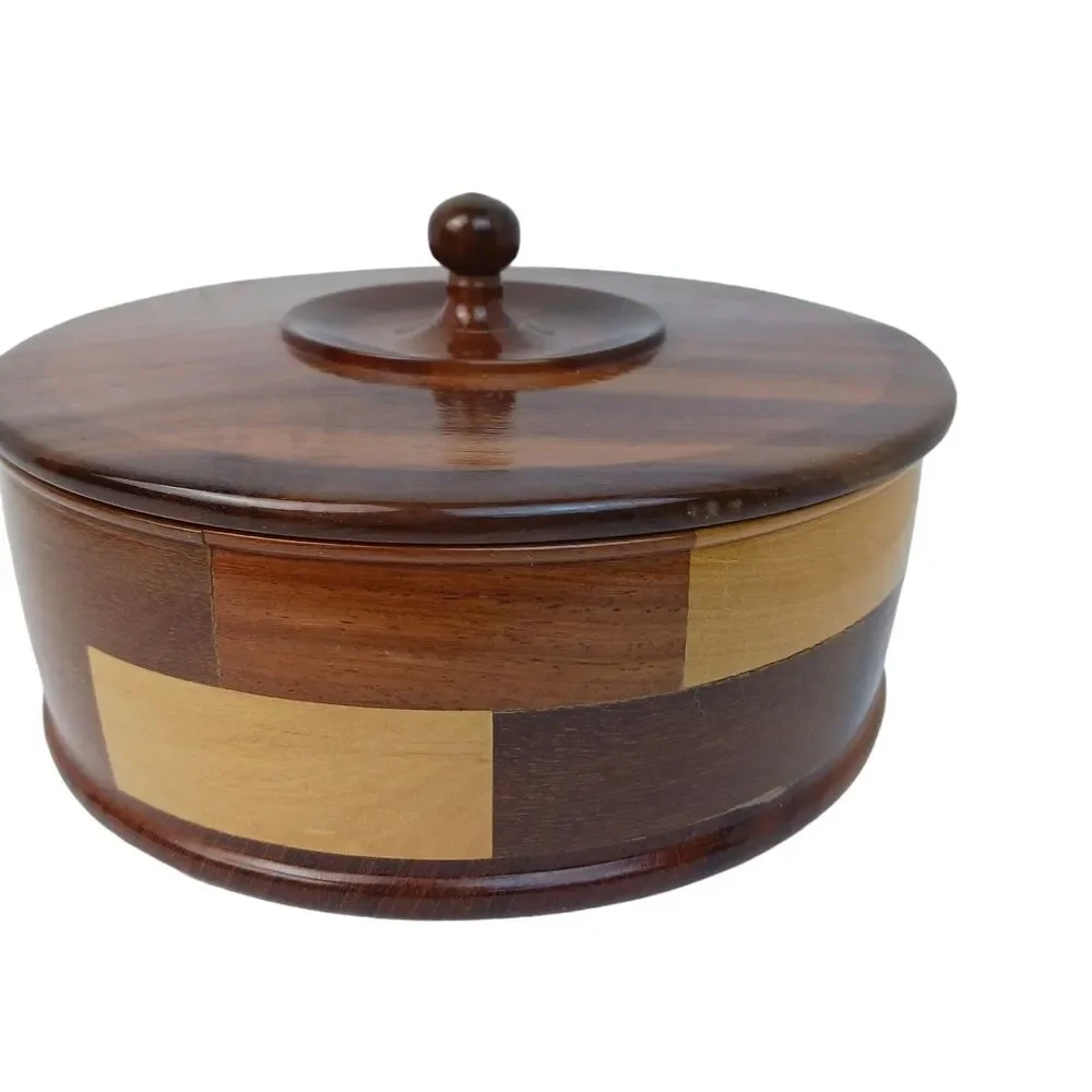Wooden Box Hand Turned Marquetry Inlaid Various Woods Round Jewelry Storage